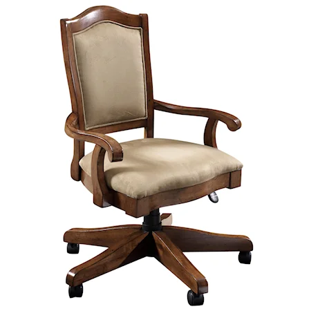 Upholstered Desk Chair with Wood Arms and Rolling Base